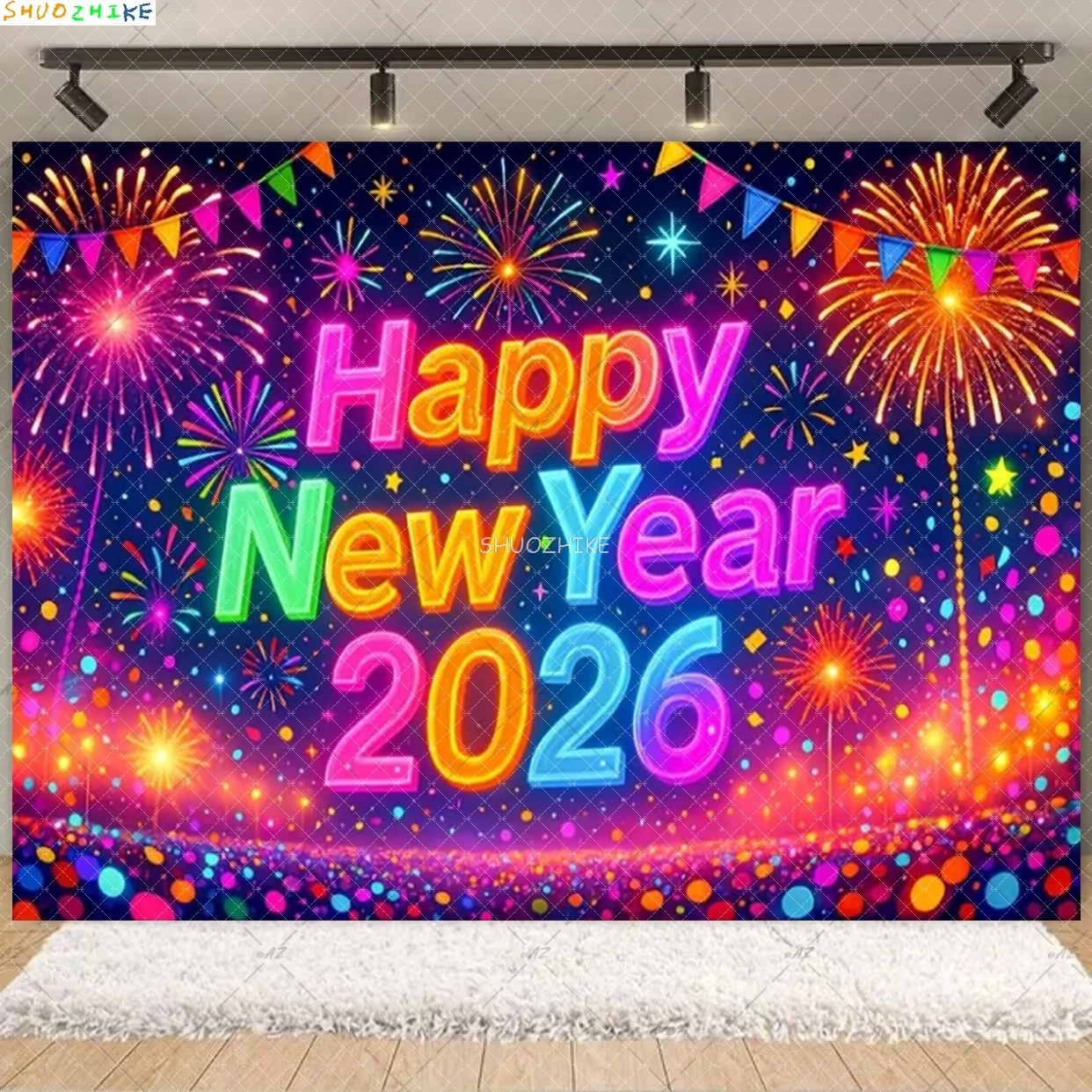 

2026 Gold Happy New Year Background Glitter Clock Champagne Lights Balloons Christmas Family Party Photography Backdrop NY-09
