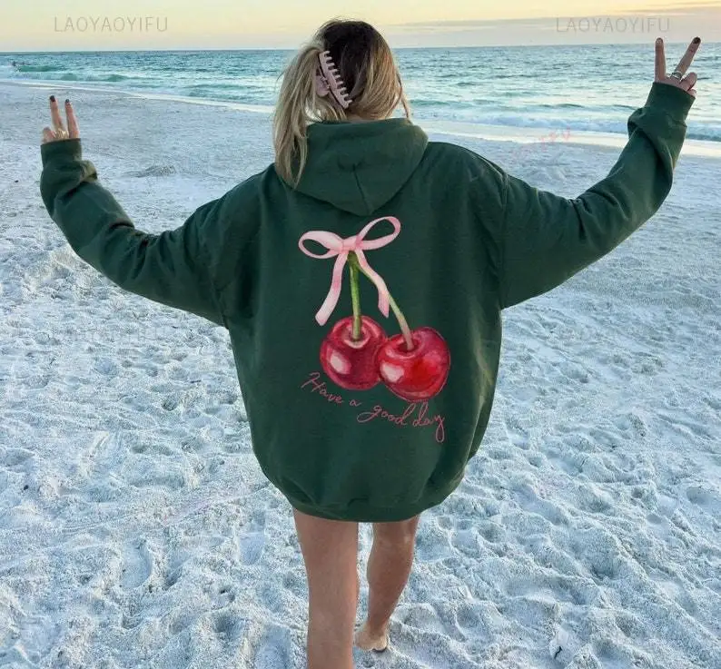 Coquette Cherry Hoodie Have A Good Day Hoodie Words on Back Coquette Bow Trendy Ribbon Cute Coquette Harajuku Printed Hoodie