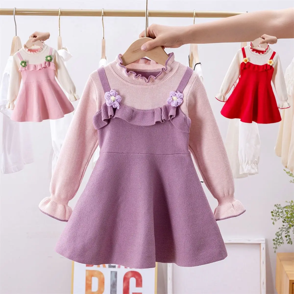 2026 New Girls Knitted Dress Autumn Winter Long Sleeve Korean Style Baby Princess Sweater Dress Kids Clothing