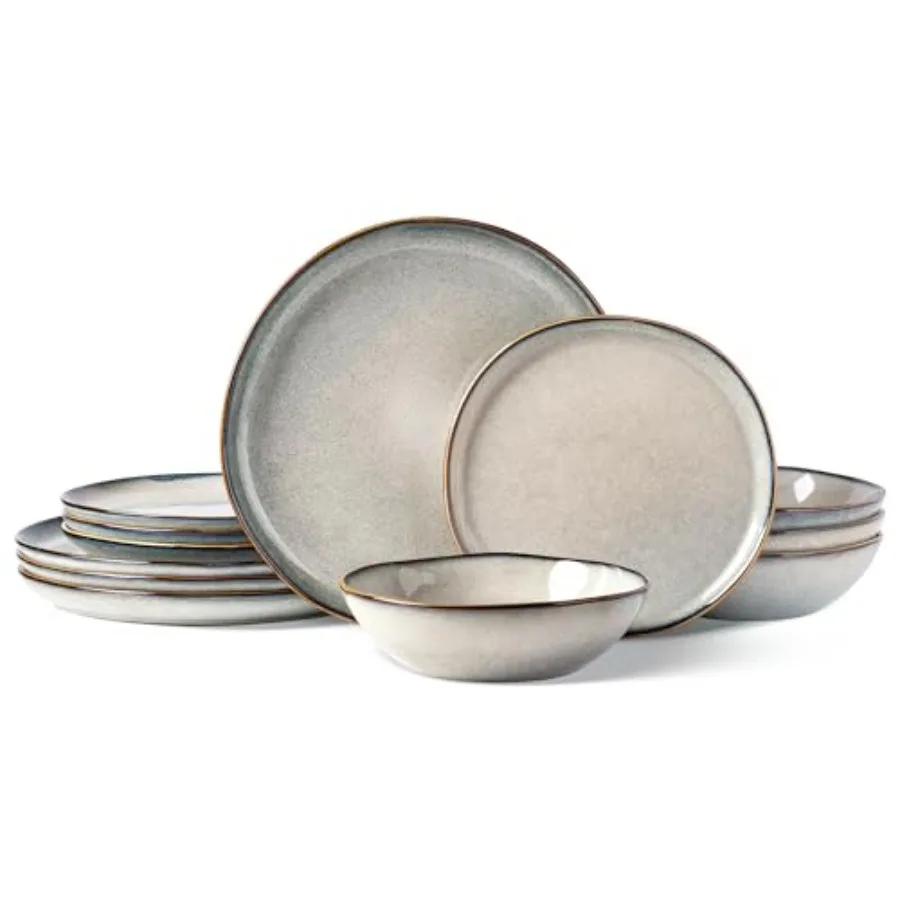 

Stoneware Dinnerware Sets for 4 12 Pieces Rustic Ceramic Plates and Bowls Set Handmade Reactive Glaze Plate Sets Highly Chip Re