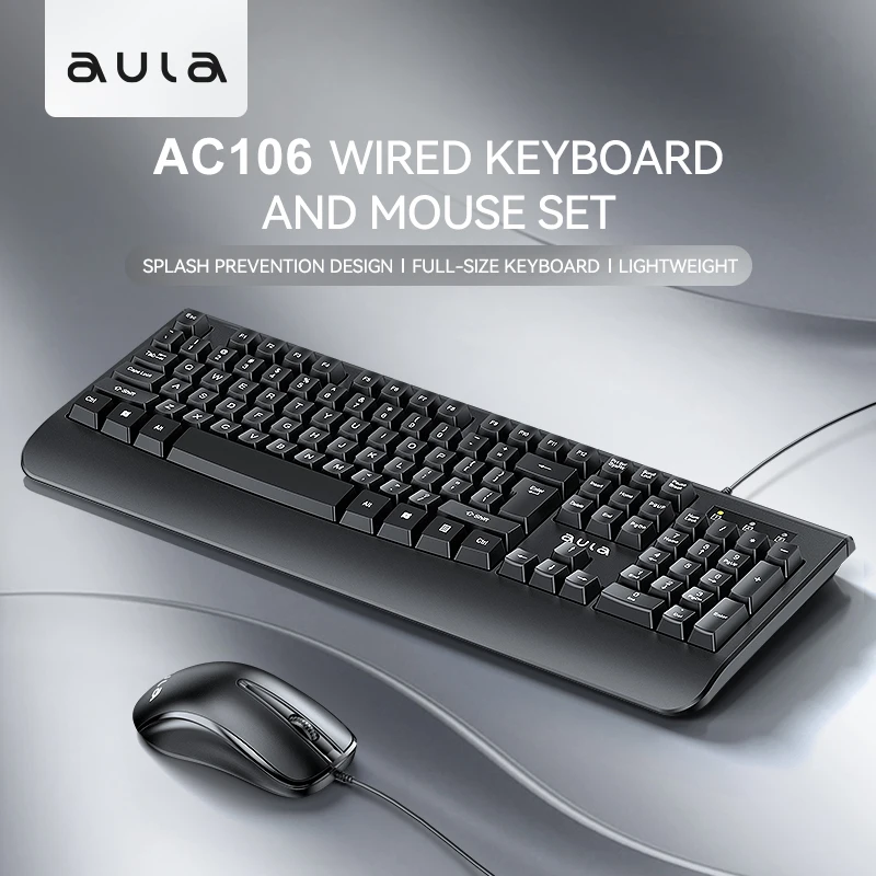 

AULA AC106 Wired Keyboard and Mouse Set Lightweight Design Full Size 104keys Pc Business Office Home Tpye-c Keyboard Mouse Set