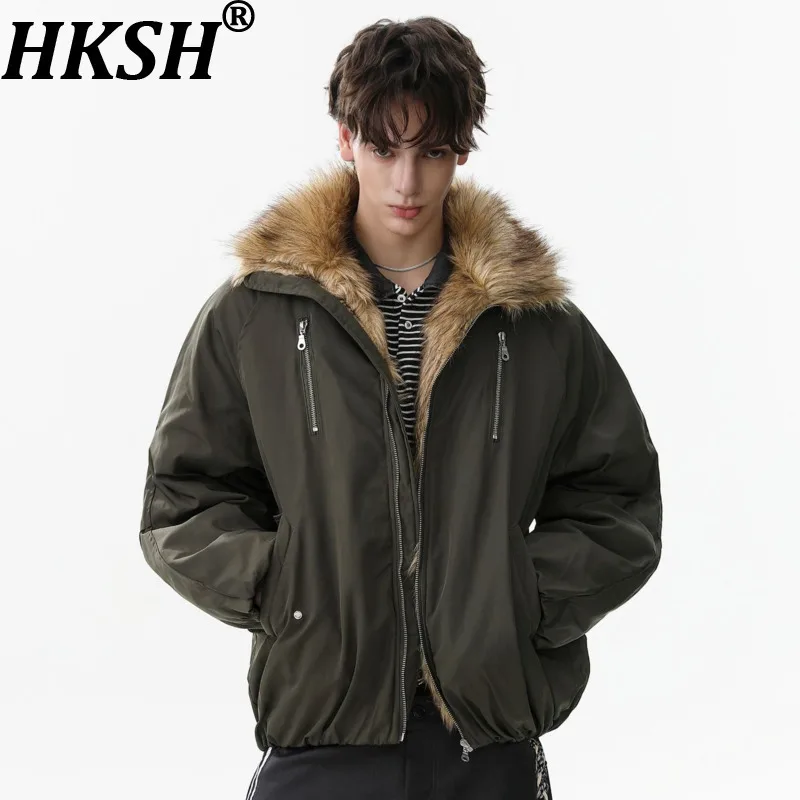 

HKSH Winter New Man American Style Fur Collar Patchwork Zippers Elastic Waist Warm Jacket Casual Elegant Ins Padded Coat HK13063