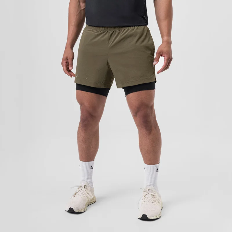 

Men Elastic Double Layer 5 Inch Running Fitness Shorts Summer Casual Slim Sports Shorts