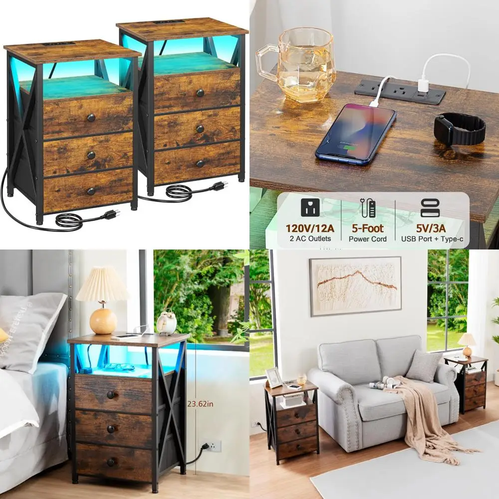 Set comodino doppio dotato di LED con stazione di ricarica e porte USB/uscita per uso sul comodino