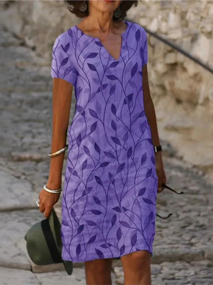 Summer Casual Dress Dresses 2025 Woman Vestidos V-link Printed Short Sleeves Loose Simple Style Comfortable Commuting Homewear