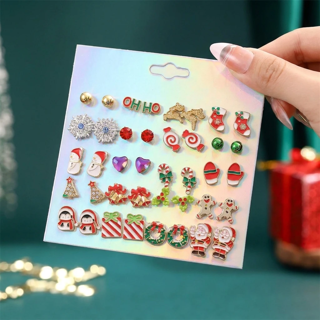 Modisches Weihnachts-Ohrringe-Set für Damen Glänzende Zirkon Weihnachtsbaum Schneeflocke Weihnachtsmann Ohrstecker Party-Schmuck – Detail 1