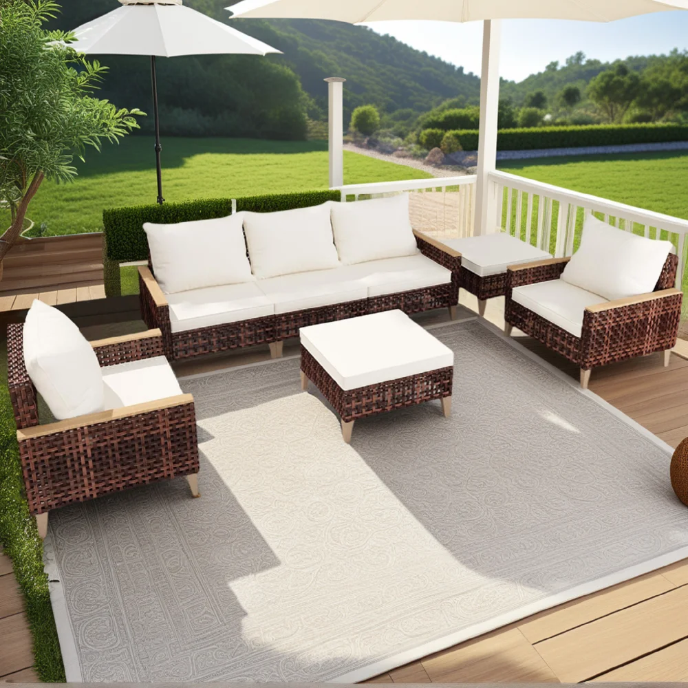

High footed hollowed out rattan terrace furniture set, 5 pieces, 7 seats, sofa set with cushion, 4-inch thick cushion, white