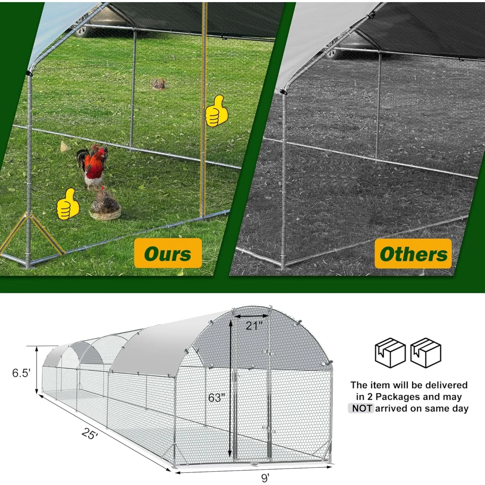 US Large Metal Chicken Coop Upgrade Tri-Supporting Wire Mesh Chicken Run,Chicken Pen with Water-Resident and Anti-UV Cover