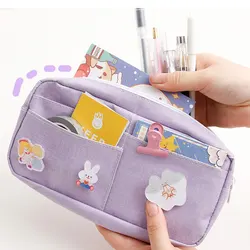 Kawaii Purple Large capacity Canvas Pencil Case Cute Animal Badge Pink Pencilcases Large School Pencil Bags Stationery Supplies