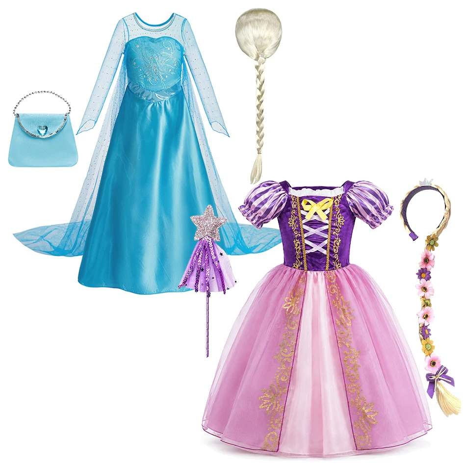 Mädchen Prinzessinnenkleid Kinder Cosplay Kostüm Schneekönigin Kleid Halloween Geburtstag Party Verkleidung mit Geflochtener Perücke Handtaschen-Set