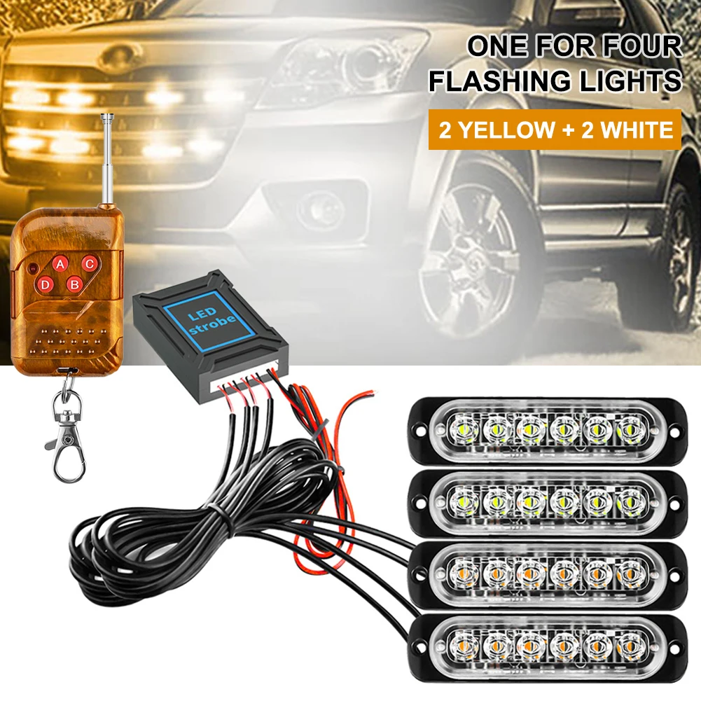 

LED Emergency Warning Light 12-24V 6LED Strobe Light 4 In 1Amber/White With Remote Police Flash Grille Light For Car Truck Boat