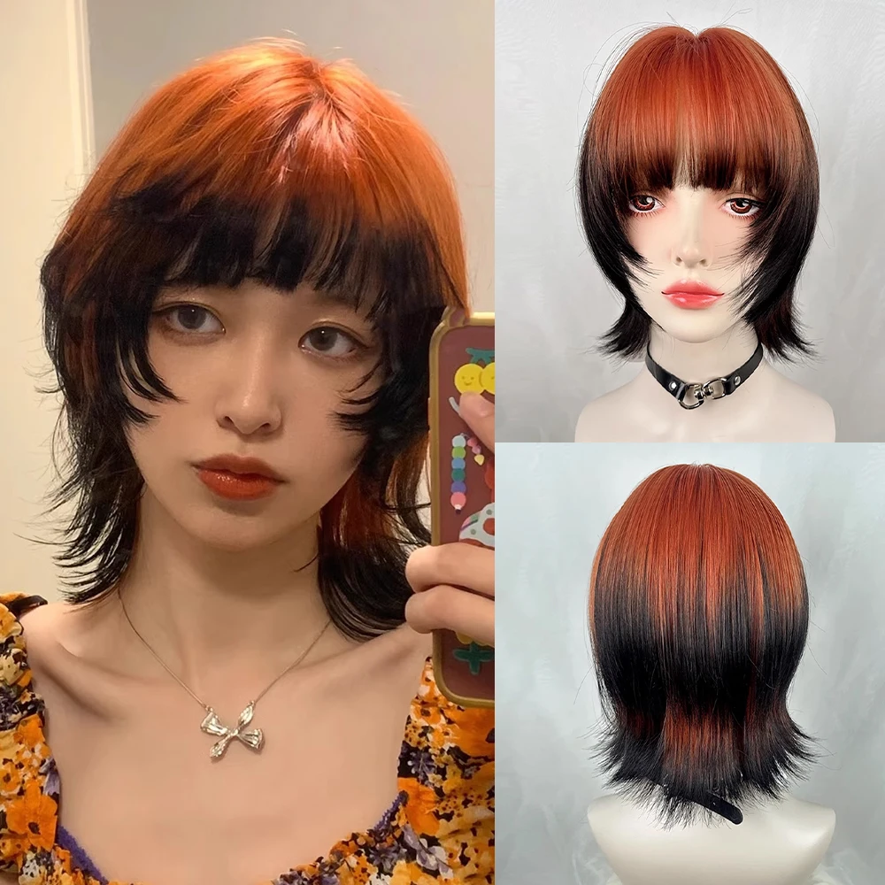 

Short Orange Ombre Black Synthetic Straight Wig with Bangs Fluffy Lolita Cosplay Women Heat Resistant Wig for Daily Party