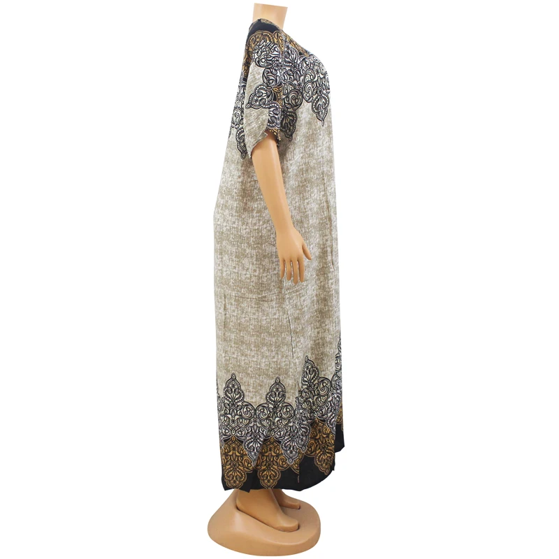 Traditional Printed Vintage Cotton Beige Print O-Neck Short Sleeve Summer African Women Dresses with Scarf