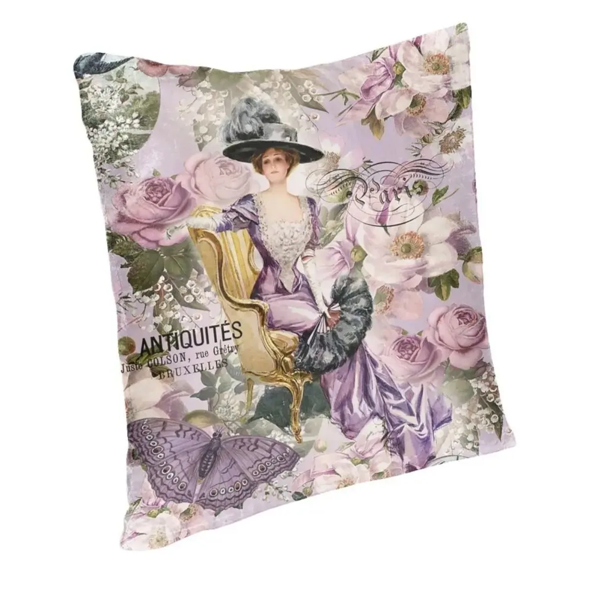 Victorian Angel Print With Vintage Rose Bouquets Shabby Chic Pillow Case 45x45cm 18x18Inch Sofa Cushion Cover Velvet Pillowcase