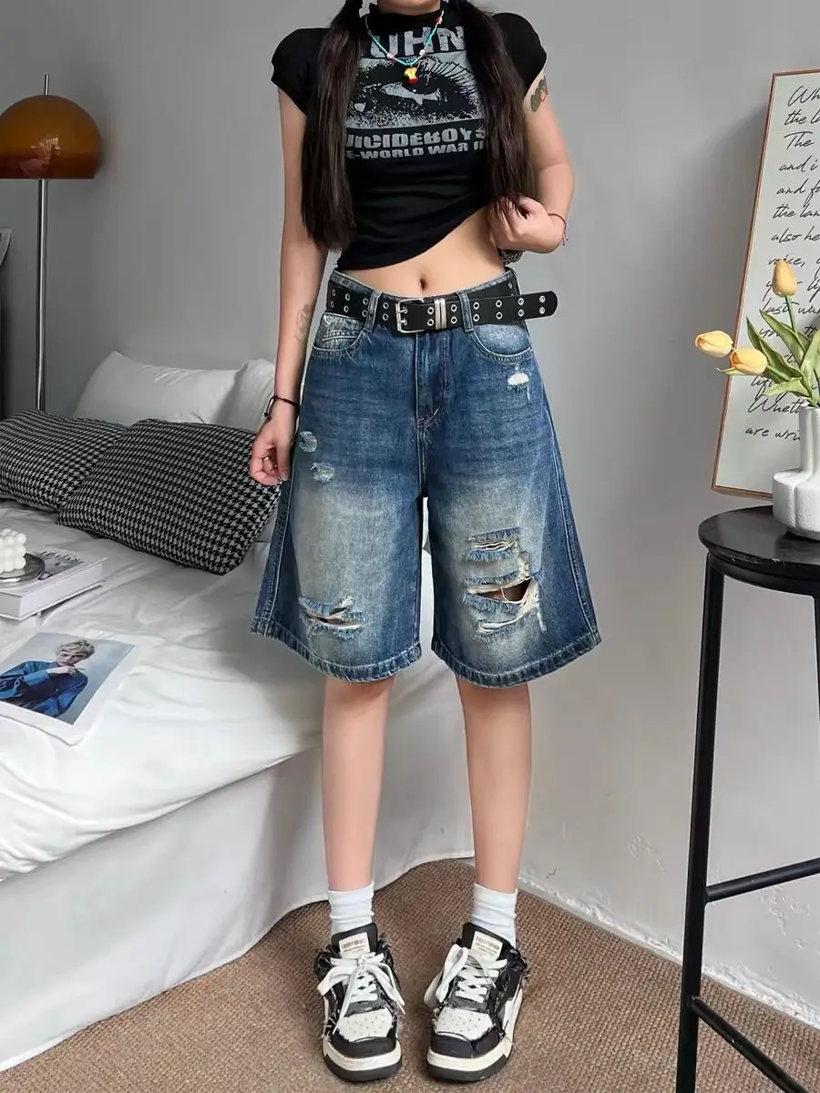 Summer Women's Distressed Wide-leg Denim Shorts 90s Girl Knee Length Pants Retro Streetwear Female High Waist Half Trousers
