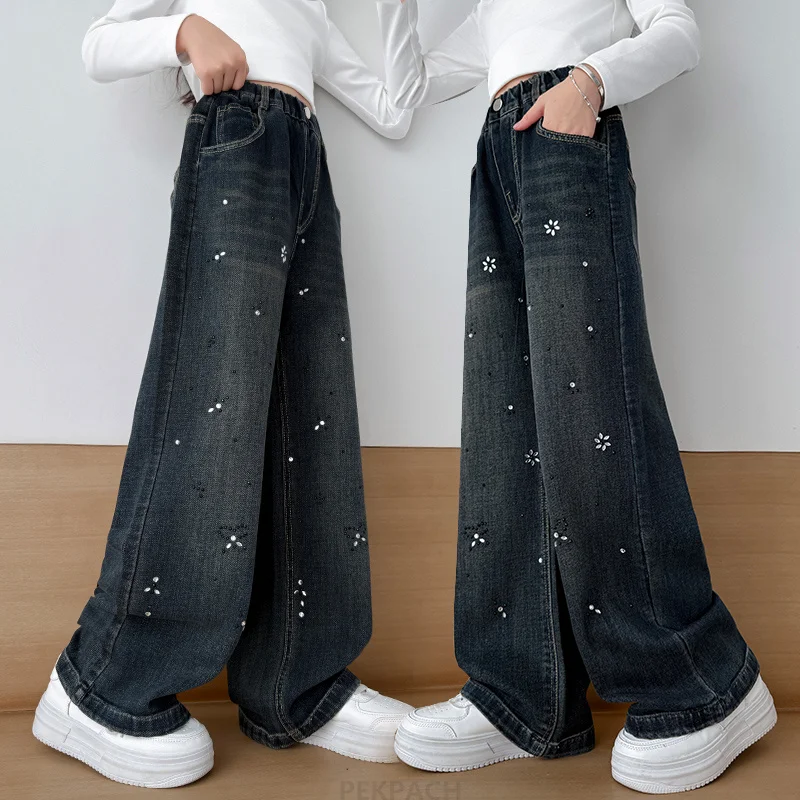 

Kids Luxury Designer Jeans With Rhinestones For Tweens Girls High Quality Flower Crystal Denim Pants Kids Retro Wide Trousers