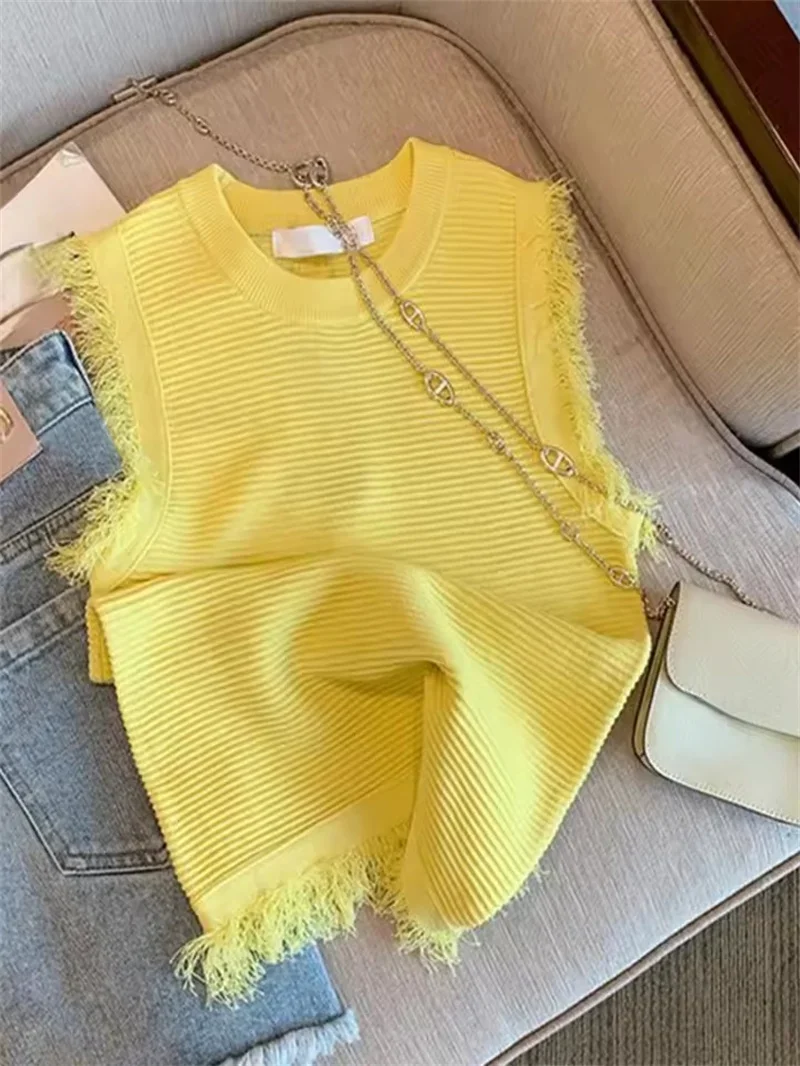 Pop Fashion Small Fragrance Knit Vest Solid Raw Edge Sleeveless O-Neck T-Shirts Summer Spring Sleeveless Sweater Tank Tops Women