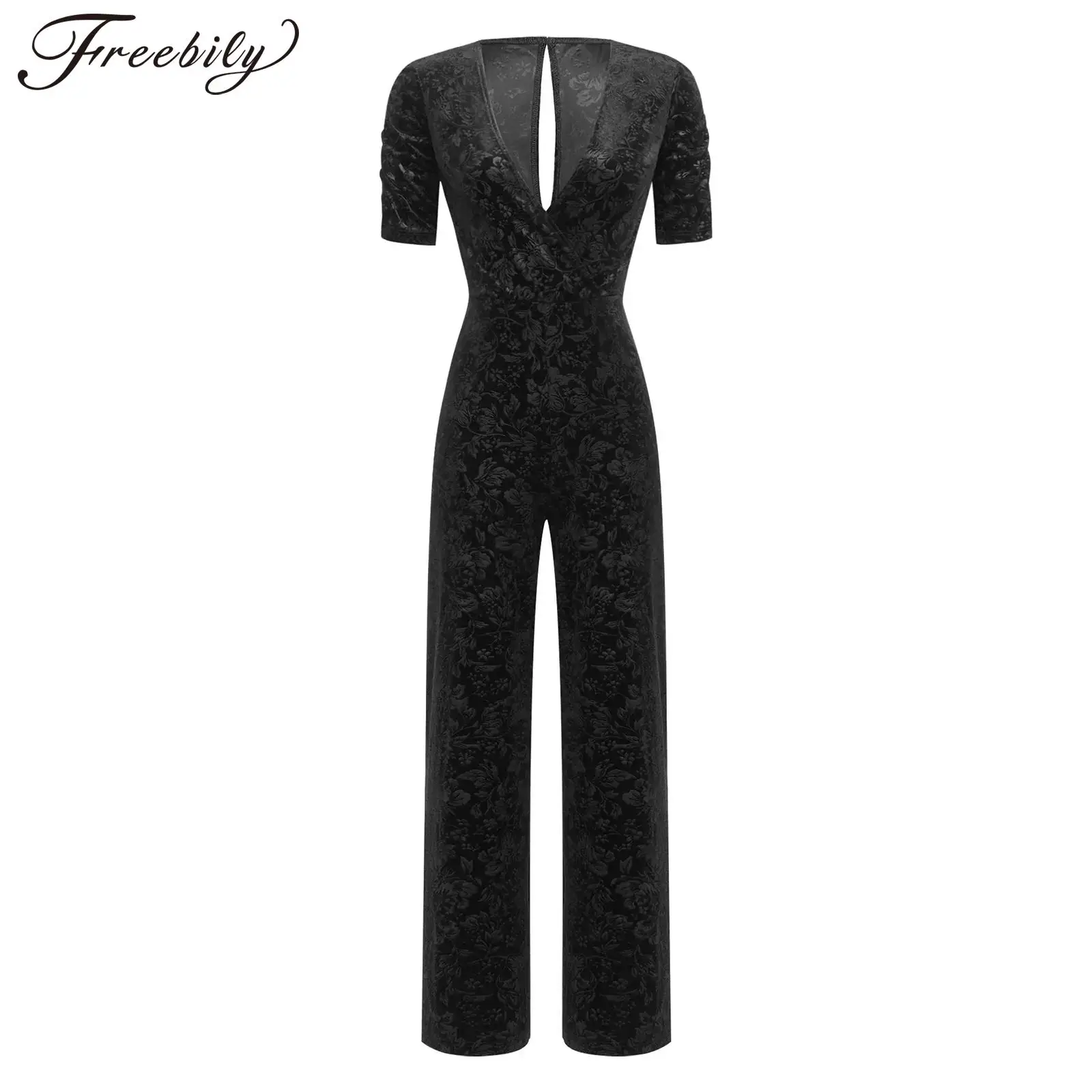 

Женские комбинезоны для банкетов, церемониальные длинные брюки, цельный комбинезон, бархатный сексуальный комбинезон с цветочным принтом и v-образным вырезом, жаккардовые прямые брюки