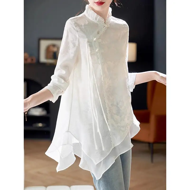 

Весенне-осенняя женская блузка с принтом 2026: модный пуловер с воротником-стойкой и длинным рукавом, эстетичная свободная женская одежда