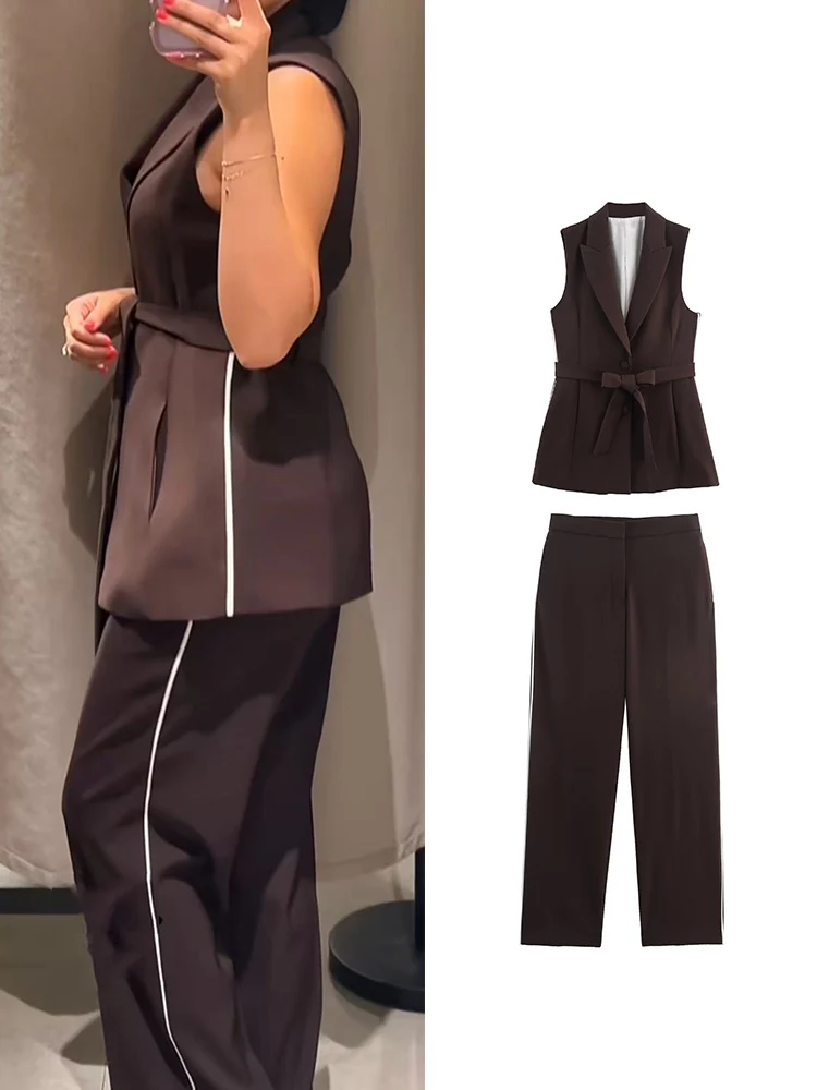 

Женский жилет и брюки, офисная мода с поясом, жилет, пальто и прямые брюки, шикарное боковое яркое украшение, женский комплект из 2 предметов