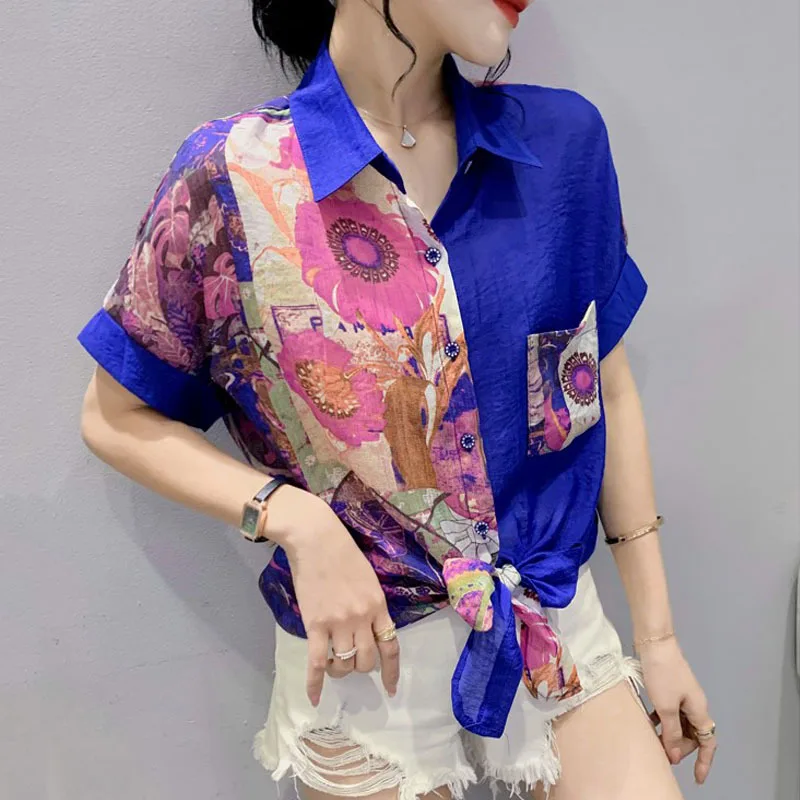 

Vintage Lapel Diamonds Printed Casual Chiffon Blouse Stylish Commute Short Sleeve Shirt Summer Loose Female Clothing