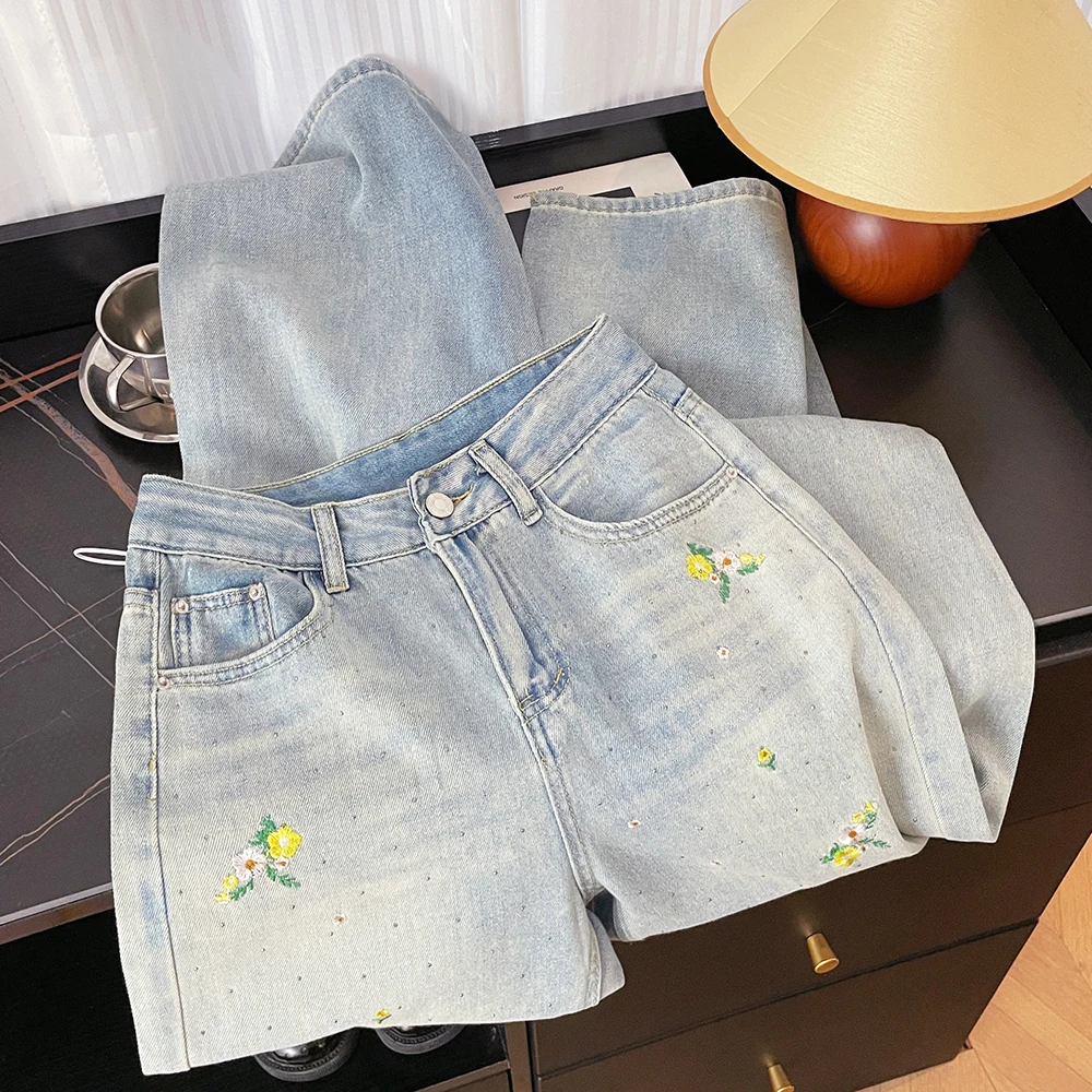 ZJYT High Street Fashion Women Embroidery Jeans Spring Summer High Waist Wide Leg Long Denim Pants Casual Trousers Female Blue