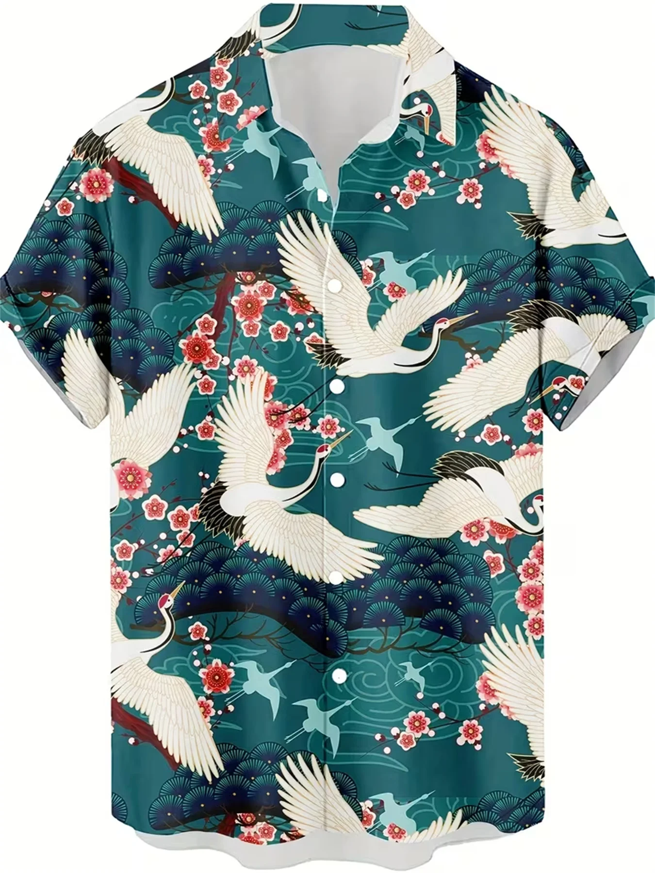 Men Ukiyo‑e Style Crane Cherry Blossom Print Short Sleeve Shirt Camp Collar Vacation Casual Top