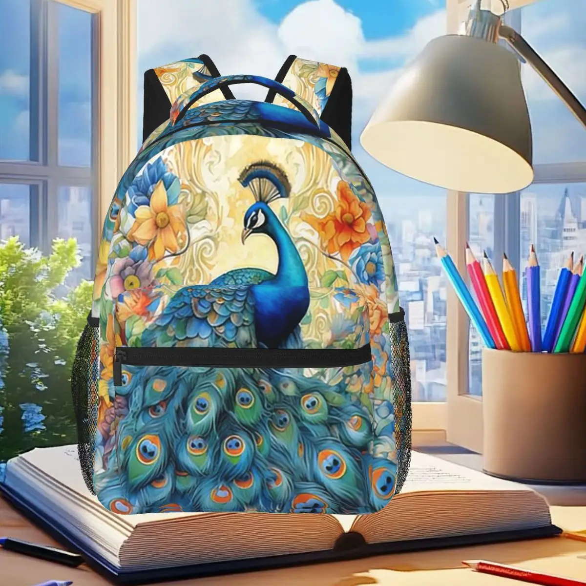 Peacock Blue Colour Peacock Illustration Backpack Student Boys Girls BookBag Kids School Bag Laptop Shoulder Bags for Men Women