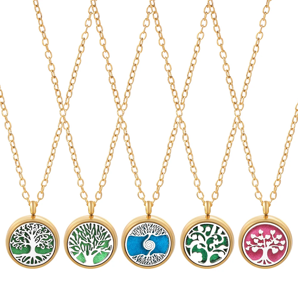Golden 12mm Spiral 361L Stainless Steel Tree of Life Aromatherapy Necklace Woman Essential Oil Diffuser Perfume Lockets Pendant