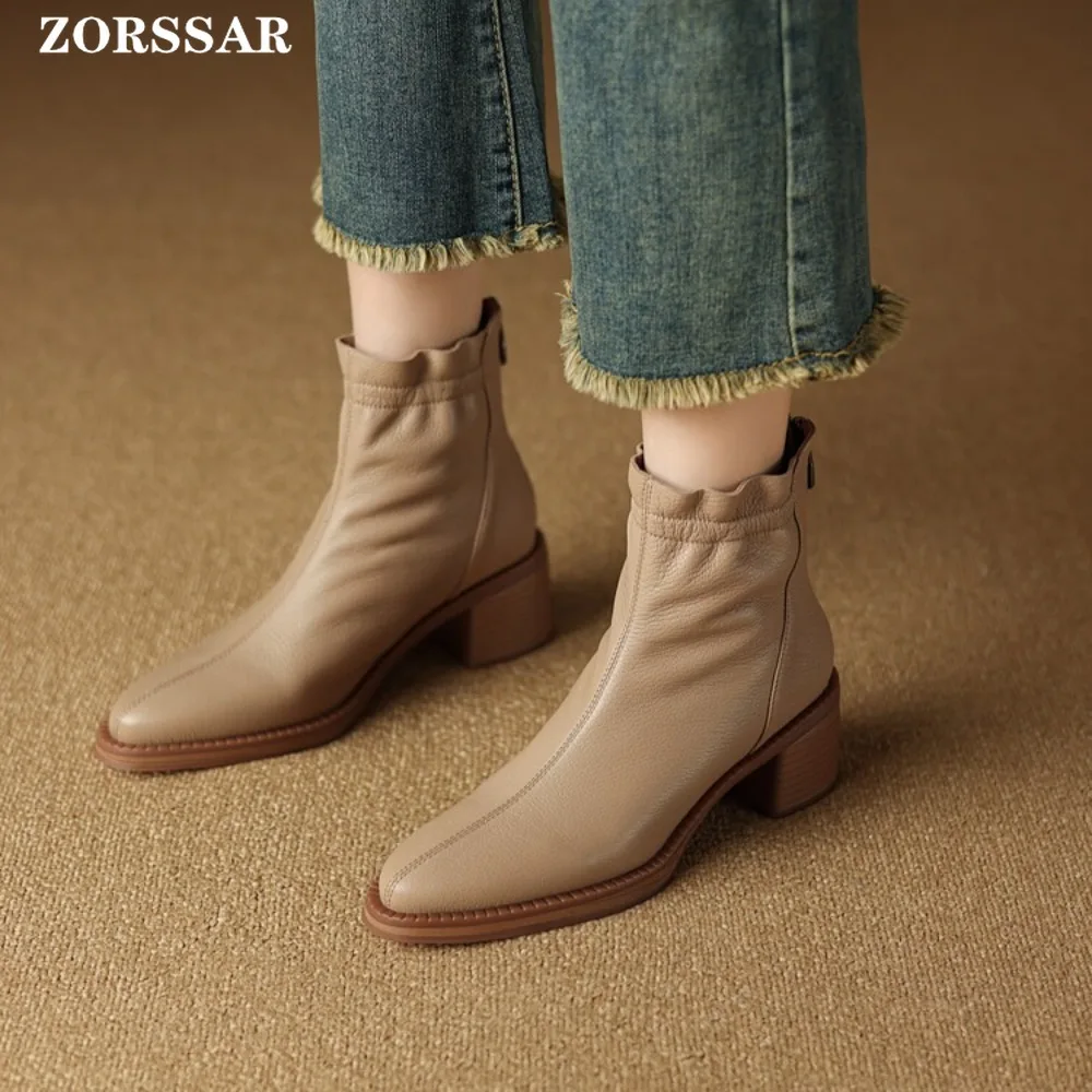 

2025 Autumn Winter Design Heel Ankle Boot Fashion Square Toe Zipper Ladies Casual Chelsea Boots Shoes Soft Leather Short Boot