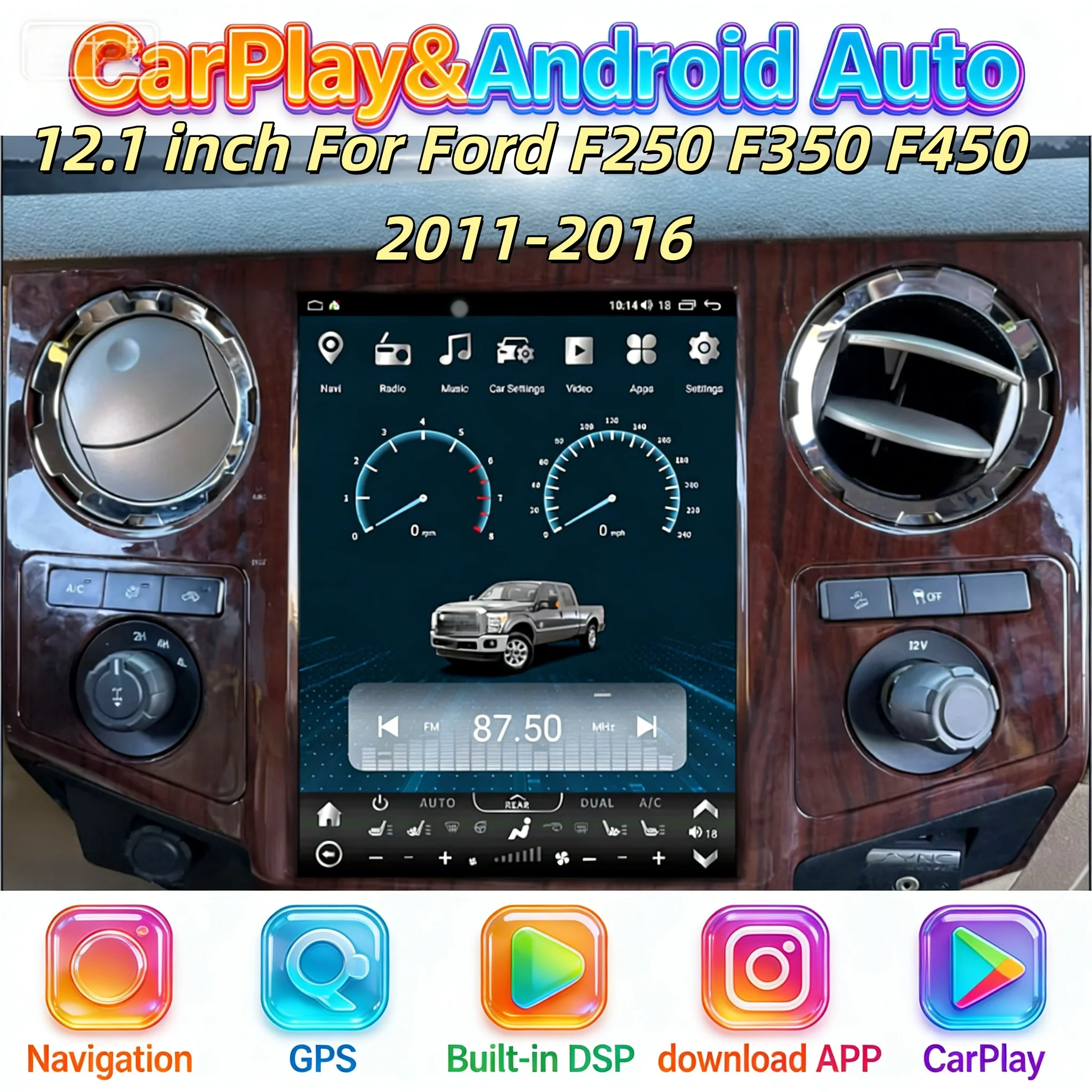

12.1-дюймовый мультимедийный проигрыватель с Android 13, беспроводным CarPlay, 4G, Wi-Fi для Ford F250, F350, F450 2011-2016, автомобильная магнитола с навигацией.