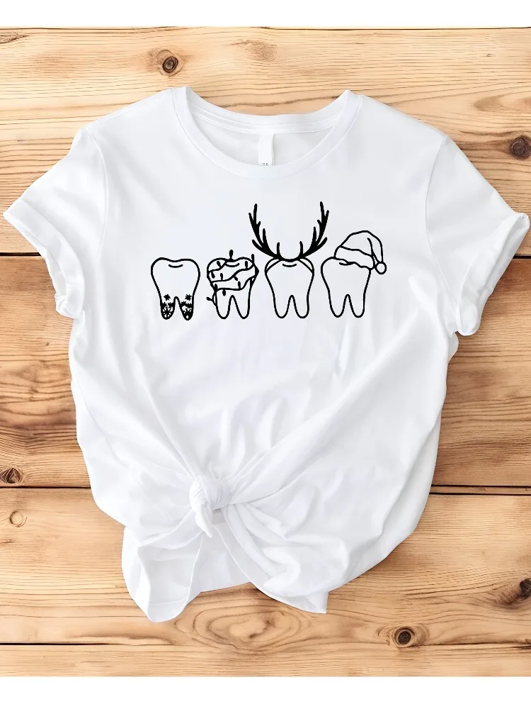 

Ladies' Fun Dentist Christmas T-shirt Round Neck Short Sleeve Top with Toothed Antlers and Reindeer Hat Design Fun Holiday Shirt