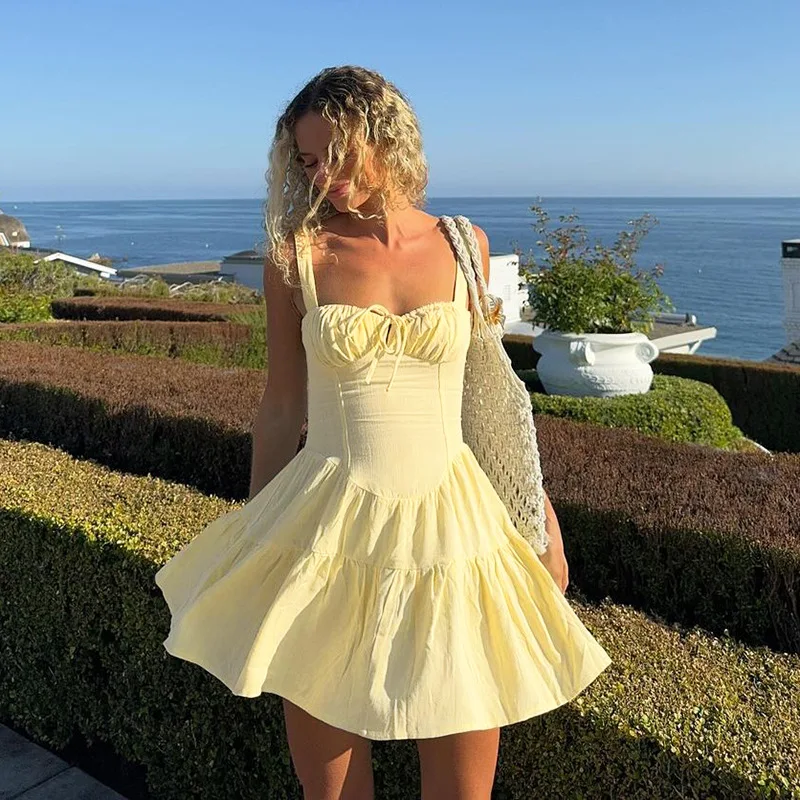 섹시한 허리 조임 레이스업 A라인 드레스 미드 웨이스트 폴리에스터 봄 시즌 무지 스커트 순색