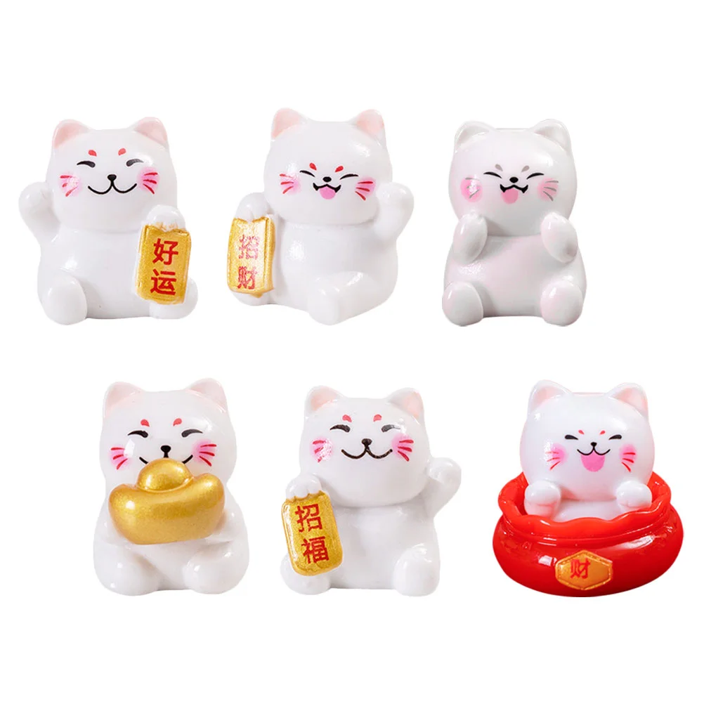 6 Pcs Car Decor Lucky Cat Ornament Chinese Mini Fortune Collectibles Waving Arm Miniature Cake Figure