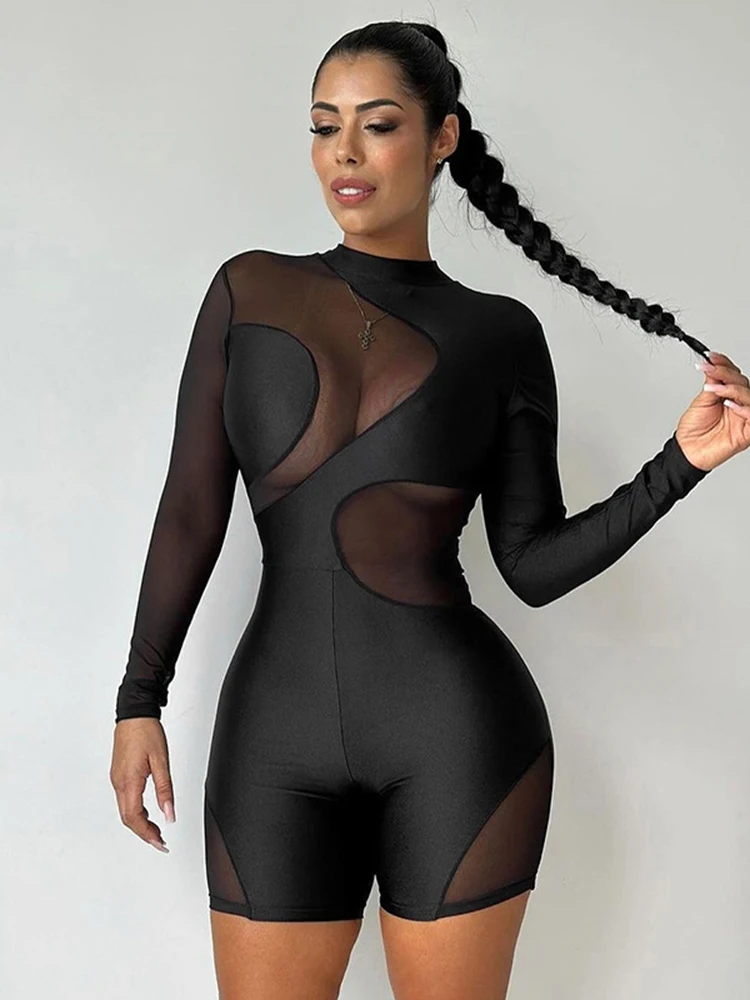 

Sibybo Sheer Mesh Patchwork Playsuits Women 2024 Autumn Winter Fashion Rompers Long Sleeve Round Neck Slim Tight Jumpsuit Shorts