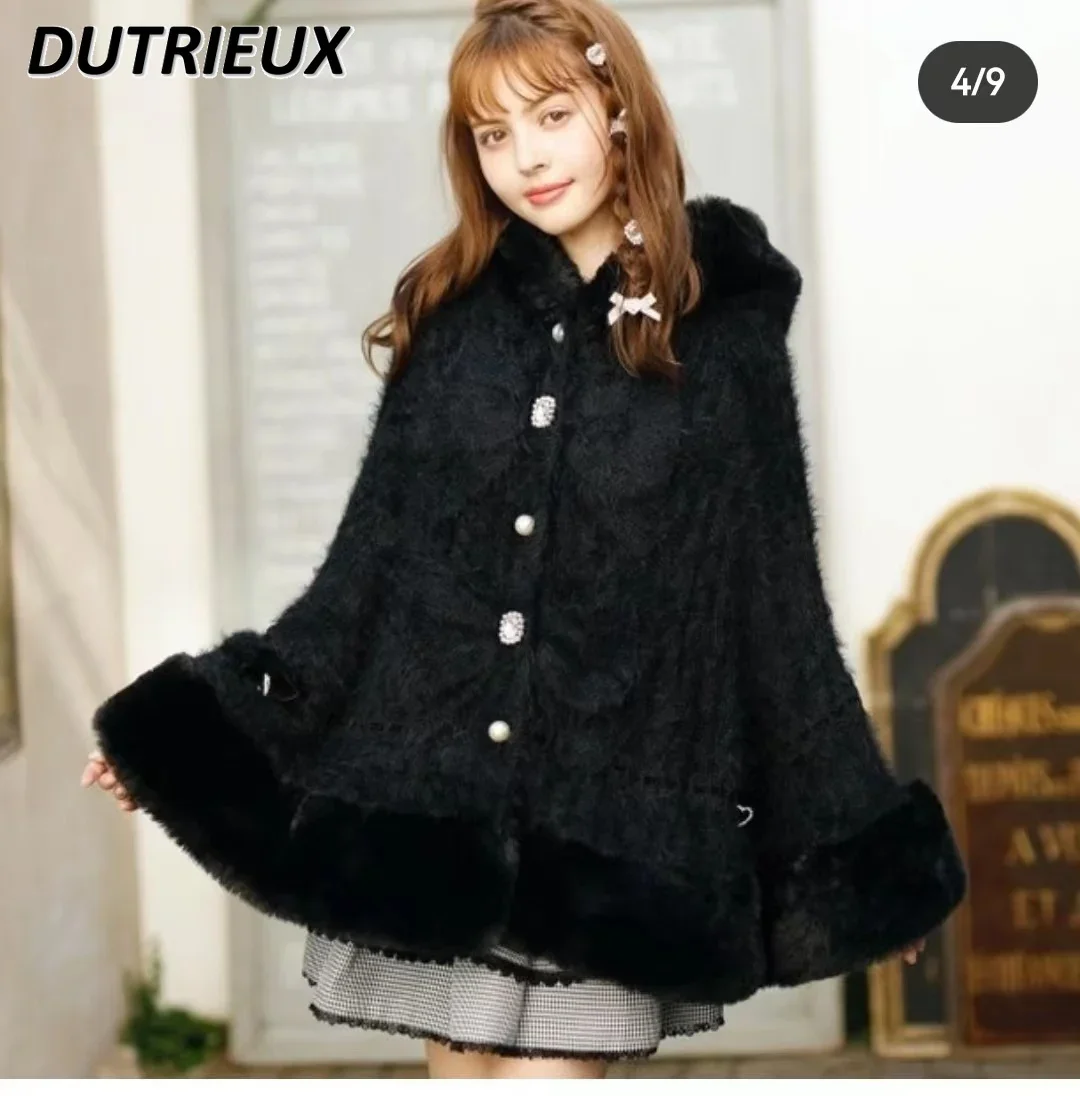 Japanese Style Sweet Cute Faux Rabbit Fur Cape Coat Women\'s Winter Hooded Single-Breasted Batwing Sleeve Sweater Cardigan