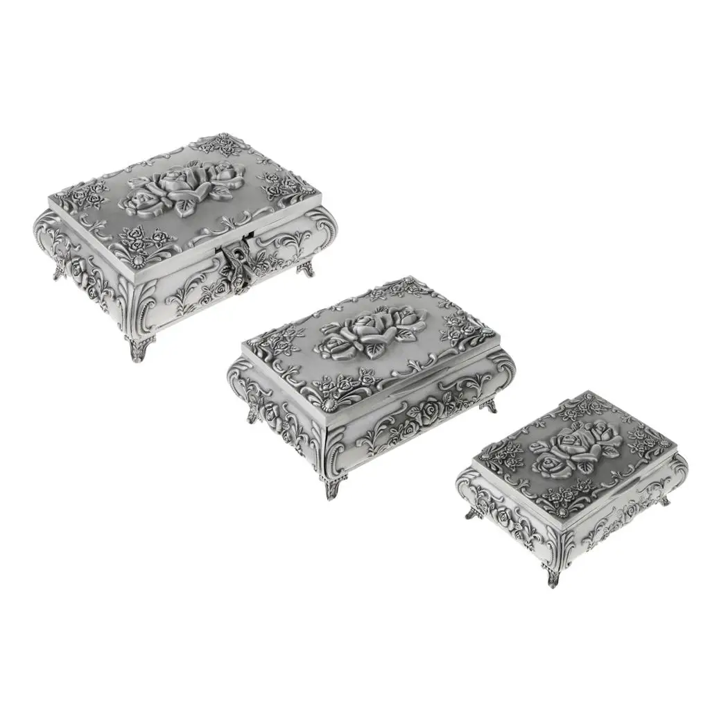 MagiDeal Rectangle Tall Stand Jewelry Box Trinkets Storage Showcase Rose Flower Zinc Alloy Rose Flower Embossed