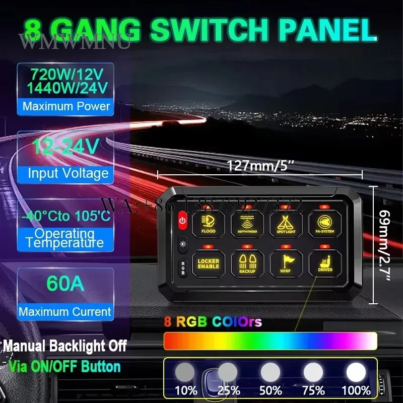 Wmwmnu Waterproof Touch Control Dimming 12V 24V RGB Auto Switch Panel 8 Gang for Marine SUV ATV UTV Truck 4x4