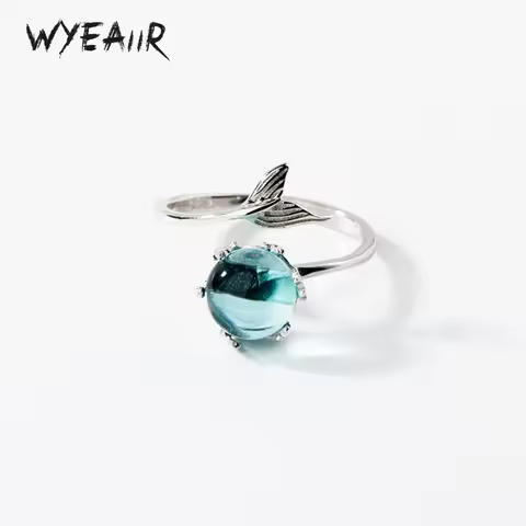WYEAIIR 925 Sterling Silver Mermaid Blue Crystal Fish Tail Whale Resizable Opening Ring For Women Luxury Jewelry