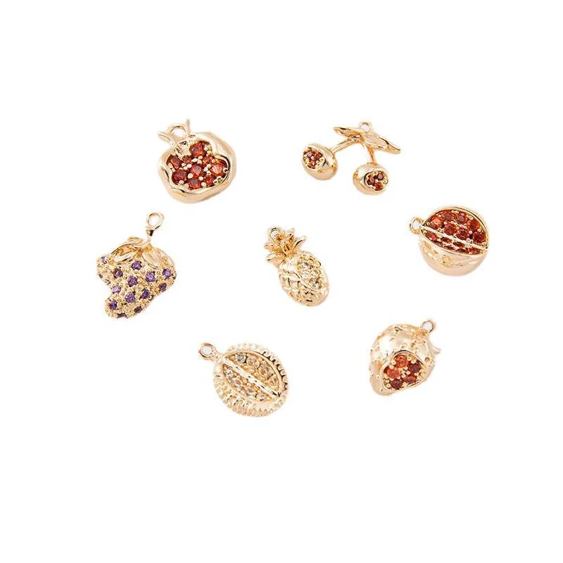 Fruit style 20pcs/lot zircon core cartoon pomegranate strawberry pineapple durian shape copper charms diy jewelry accessory