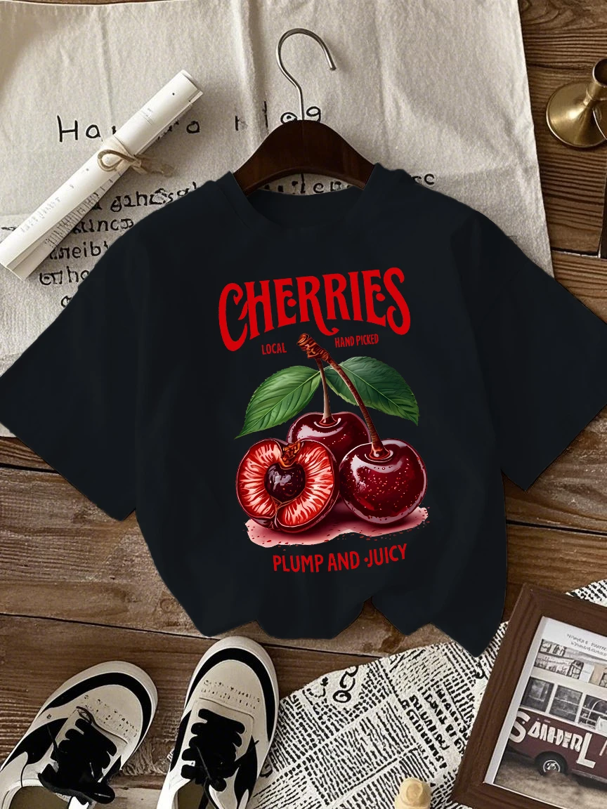 Cherries Local Hand Picked Plump and Juicy Print Women T-Shirt Hip Hop Y2K Clothes All-Match T Shirt Summer Top Graphic Y2K Top