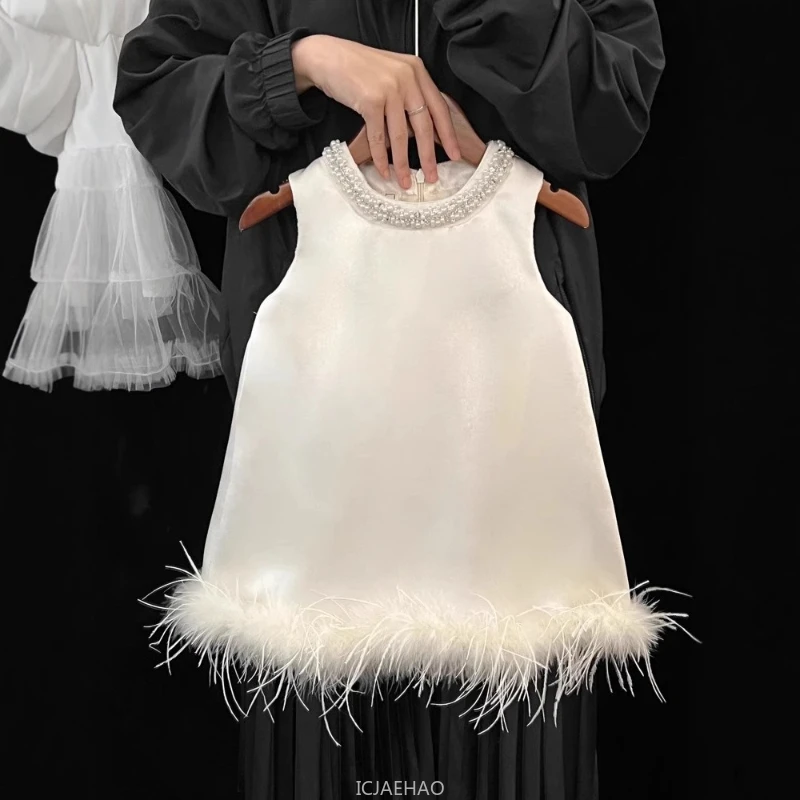 

2025 New Girls Satin Feather Princess Dress Clothes Baby Kids Birthday Party Gown Kids Formal Outfit Children Summer Vestido