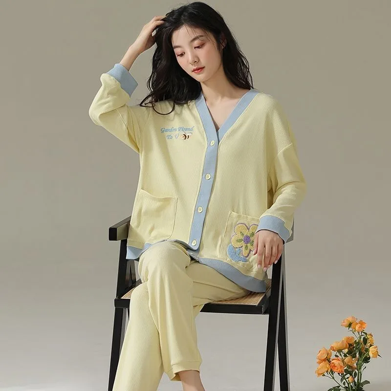 2024 New Pajamas Women Spring Autumn Pure Cotton Long-Sleeved Simple V-neck Sleepwear Set Female Casual Cardigan Homewear Suit