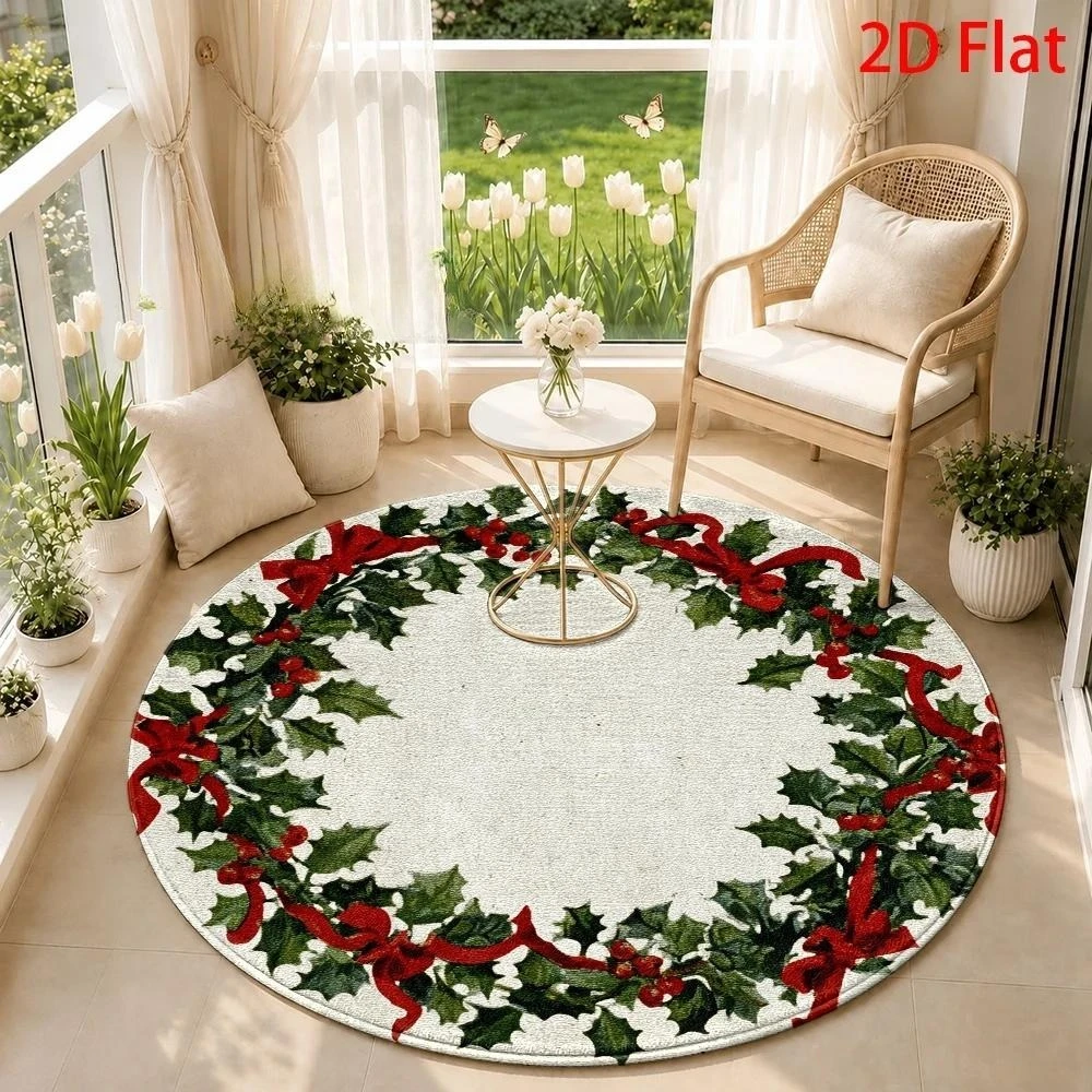 Festive Holiday Wreath Round Rug,Retro Holly Leaf Red Bow Berry Ornament Border Printed Circular Floor Mat,Living Room