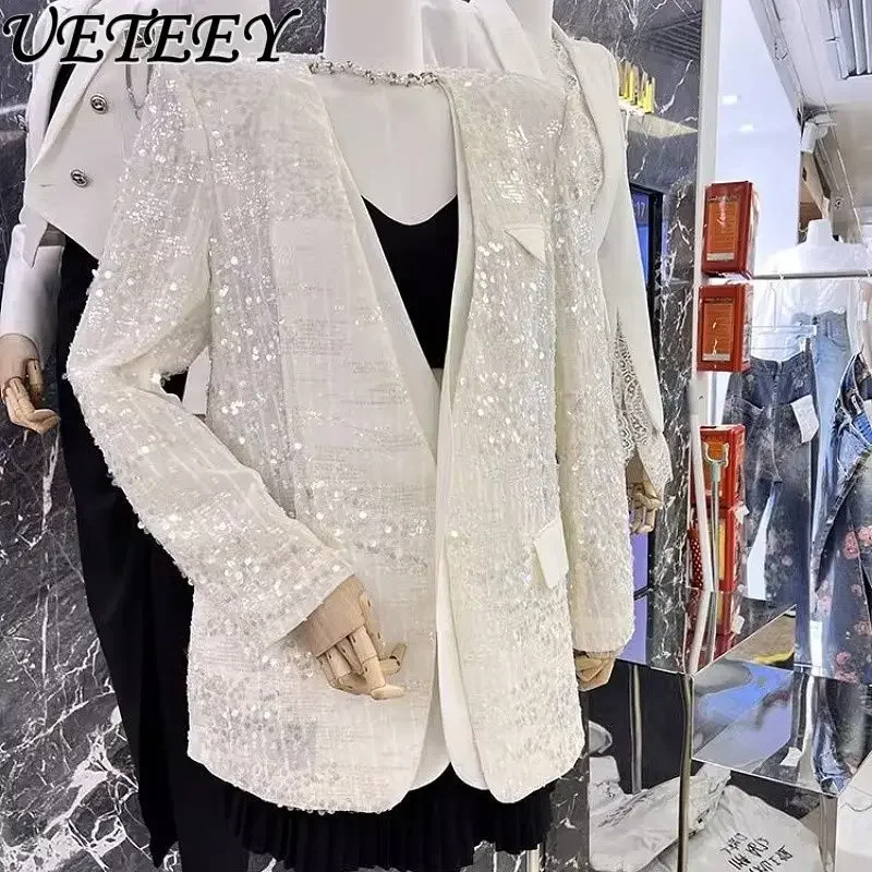 Temperament V-neck Long Sleeve Ladies Sequined Blazer Coat Women Mid-Length Trendy Thin Shiny Jacket 2023 New Fall Women Clothes