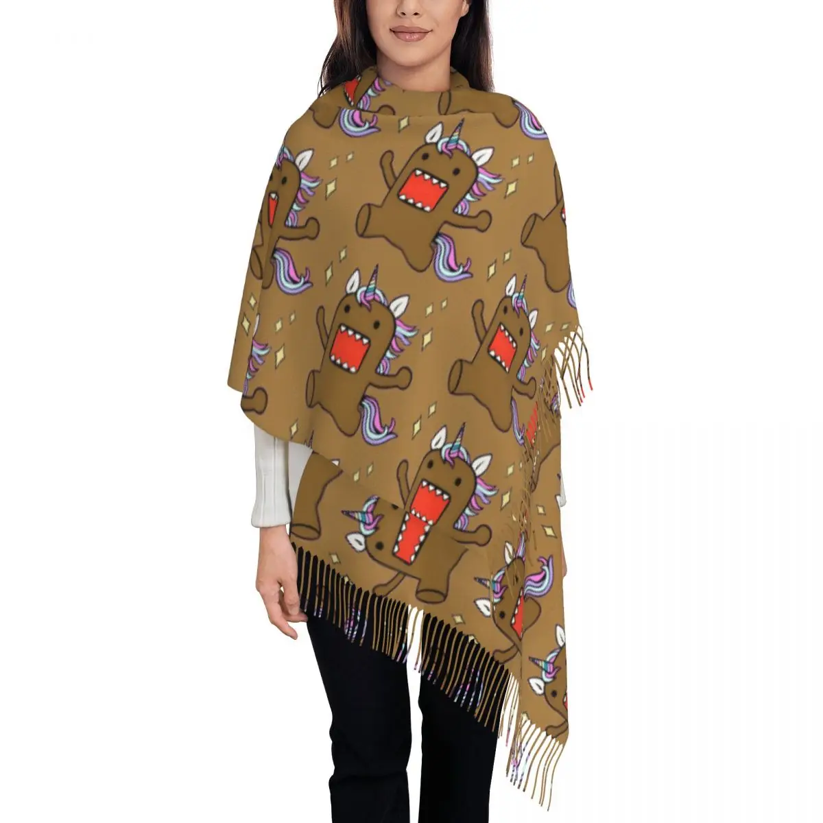 Bufandas largas de unicornio Domo Kun para mujer, chal suave y cálido con borlas para invierno, bufanda clásica de dibujos animados