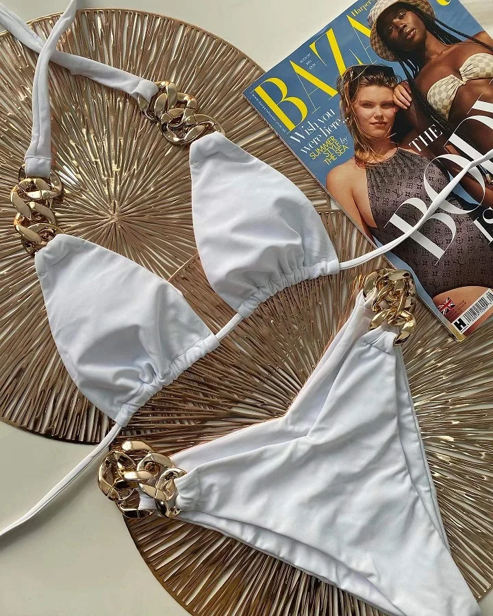 

Lady's Inspired Designer Gold Linked Chains Swimwear bikini solid brown white bathing suits girls halter biquinis xl E2057