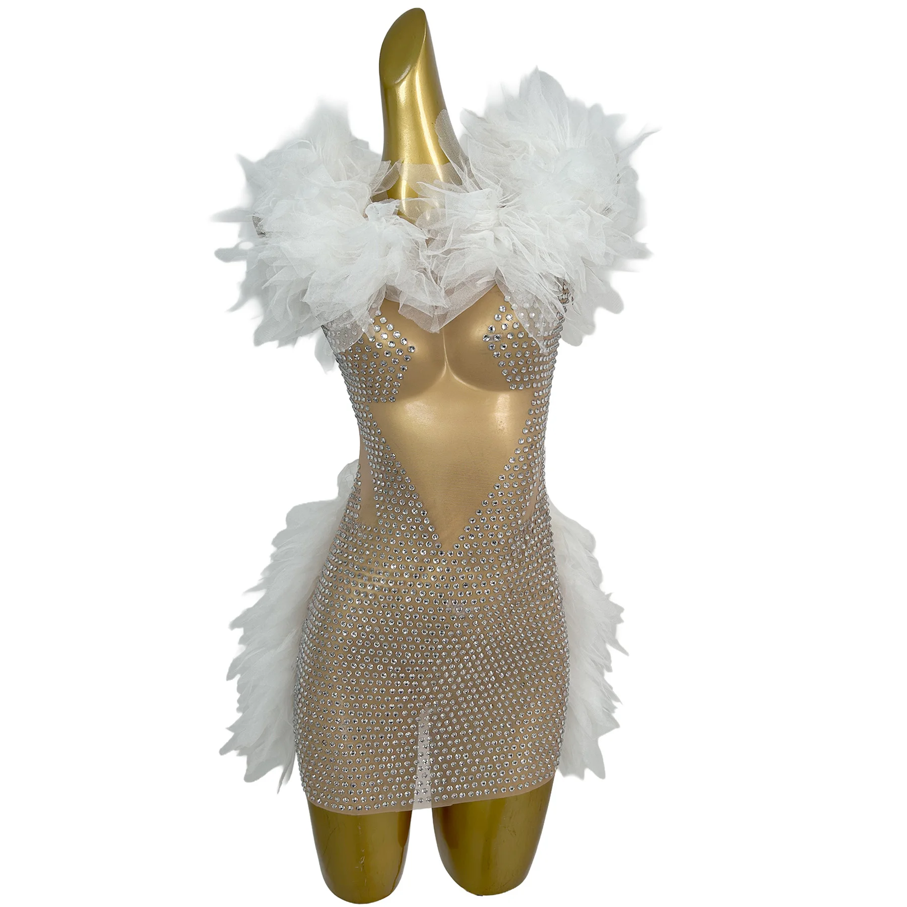 Shuimian Luxury White Feather Sheer Mesh Bodycon Dress Rhinestone Embellished Party Clubwear Birthday Prom Nightclub Gown