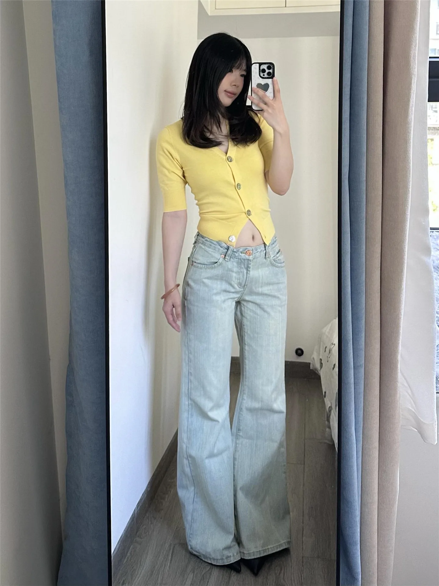 

Retro American Bamboo Node Faded Low Waist Flared Jeans Women's Loose Drapey High Waist Extended Floor-Length Pants