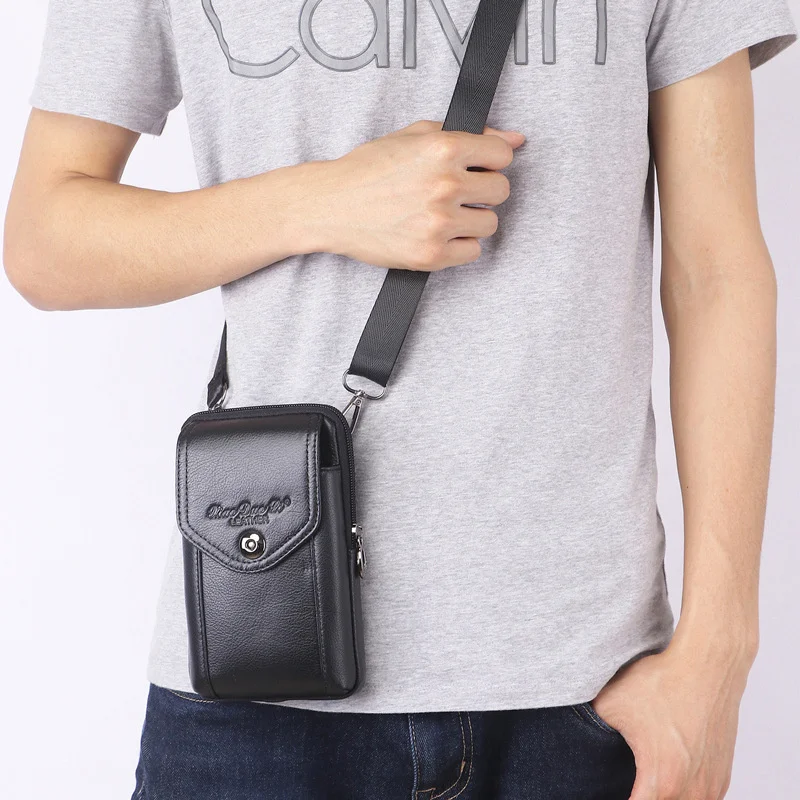 Man Shoulder Bag Small Leather Men\'s Waist Bag Multi Functional Mini Messenger Bag Mobile Phone Waist Bag Wearing Belt 6.5 Inch